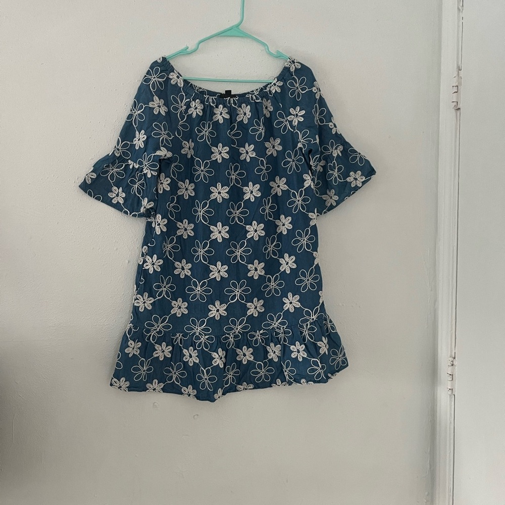 ECI Blue Dress with White Floral Pattern and Ruffle Hem